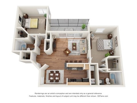 Floor plan for 2 beds, 2 baths, 950 sqft